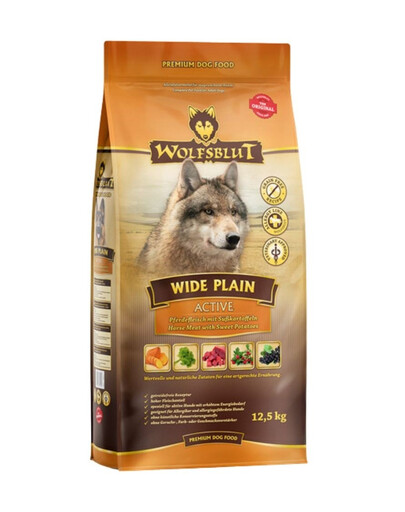 WOLFSBLUT Wide Plain Active Trockenfutter für aktive erwachsene Hunde mit Pferdefleisch und Süßkartoffeln 12,5 kg