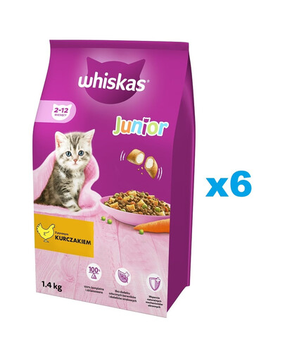 WHISKAS Junior 6x1,4 kg: Trockenvollnahrung für Kätzchen mit leckerem Huhn