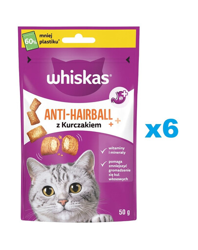 WHISKAS Anti-Hairball 6x50 g: Leckerlis zur Reduzierung der Haarbällchen für adulte Katzen