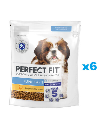 PERFECT FIT Junior 6x825g: Trockenvollnahrung mit Huhn für Welpen kleiner Rassen