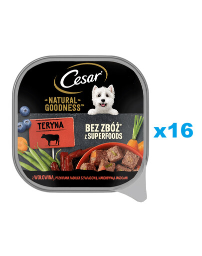 CESAR Natural Goodness 16x100 g: Schale mit Rindfleisch, garniert mit grünen Bohnen, Karotten und Beeren