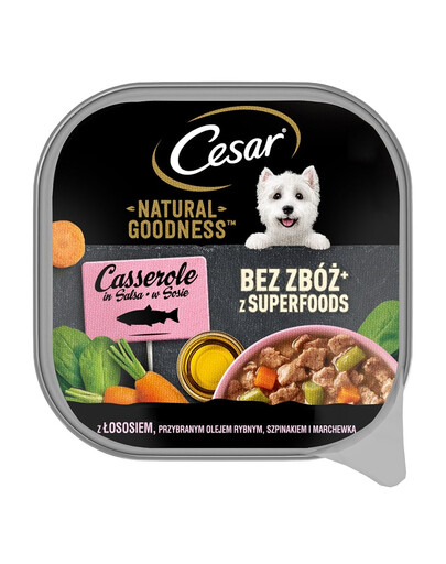 CESAR Schale 100 g: Nassfutter in Sauce mit Lachs, angereichert mit Fischöl, Spinat und Karotten