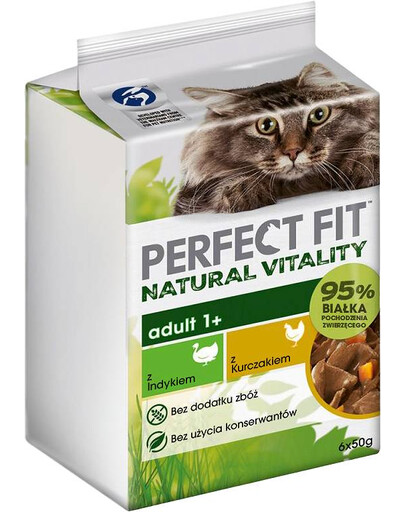PERFECT FIT Natural Vitality Adult 1+ 6x50g: Vollnahrung für adulte Katzen auch nach der Kastration in Puten- und Hühnersauce