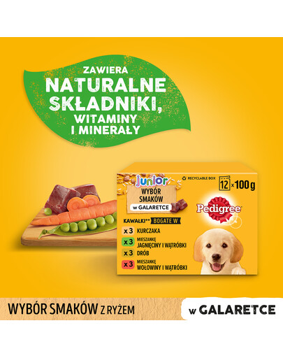 PEDIGREE Junior Mix Beutel 12x100g: Nassfutter für Welpen mit Reis, Huhn, Lamm, Geflügel und Rindfleisch in Gelee