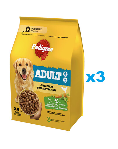 PEDIGREE Adult 3x 2,6 kg: Trockenfutter mit Geflügel und Gemüse für große und mittelgroße Hunde