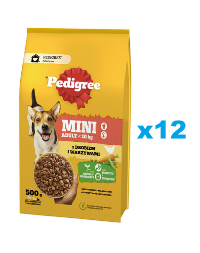 PEDIGREE Adult Mini 12x500 g: Trockenfutter mit Geflügel und Gemüse für adulte Hunde kleiner Rassen