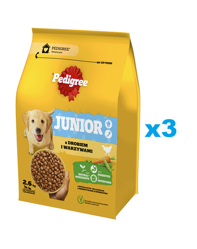PEDIGREE Junior 3 x 2,6 kg: Trockenfutter mit Geflügel und Gemüse für große und mittelgroße Hunde