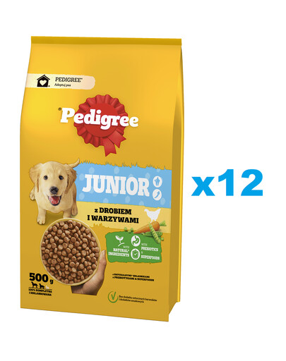 PEDIGREE Junior 12x500g: Trockenfutter mit Geflügel und Gemüse für große und mittelgroße Hunde