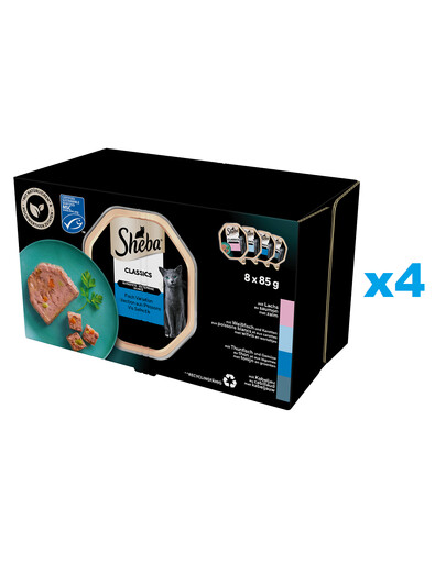 SHEBA Classics 32x85 g Nassfutter mit Lachs, Weißfisch und Karotte, Thunfisch und Gemüse für adulte Katzen in Terrine