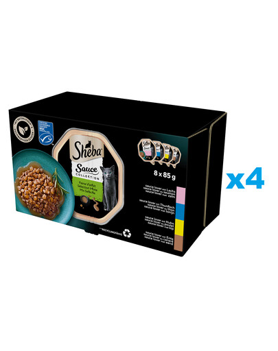 SHEBA Sauce Collection Mix 32x85 g: Nassvollnahrung für adulte Katzen mit Lachs, Thunfisch, Huhn und Ente in Sauce