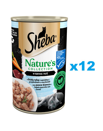 SHEBA 12x400 g Nature's Collection: Nassvollnahrung für adulte Katzen mit Weißfisch, Leber und Karotten in Terrine