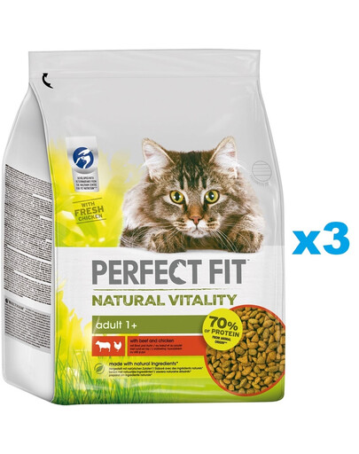 PERFECT FIT Natural Vitality 3x2,4kg: Trockenfutter mit Rind und Huhn für adulte Katzen