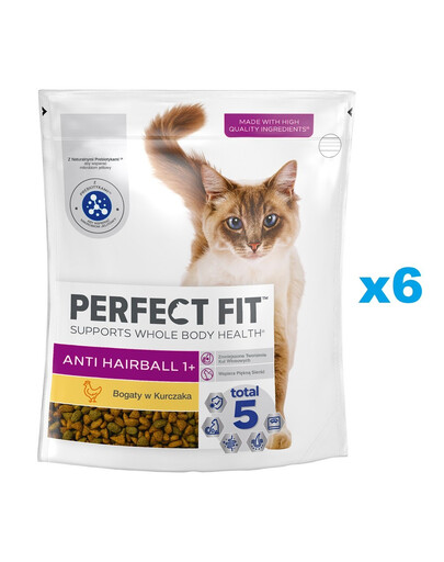 PERFECT FIT Antihairball 1+ 6x750 g: Trockenvollnahrung mit Huhn für adulte Katzen