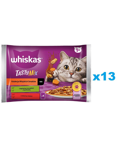 WHISKAS Adult 52x85g: Nassfutter für Katzen mit Lamm, Huhn und Karotten, Rind und Geflügel in Sauce