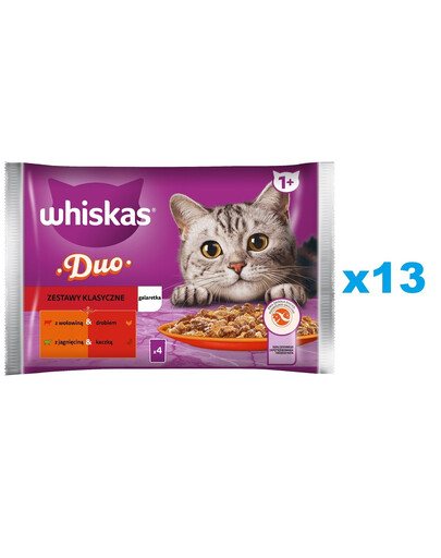 WHISKAS Adult Classic 52x85g: Nassfutter für Katzen mit Rind, Geflügel, Lamm und Ente in Gelee