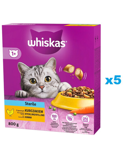 WHISKAS Sterile 5x800g: Trockenfutter für sterilisierte Katzen mit Huhn