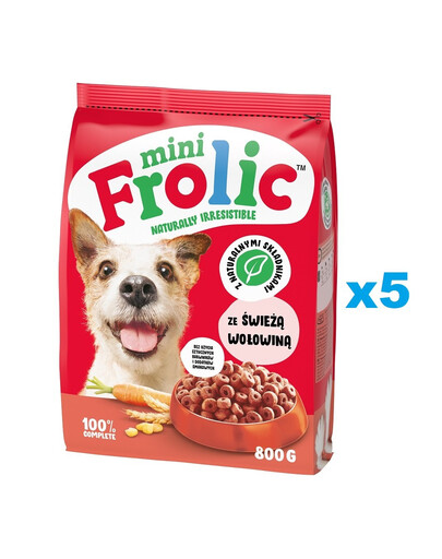 FROLIC Mini Naturally Irresistible 5x800 g: Halbfeuchtes Hundefutter für kleine Rassen mit frischem Rindfleisch