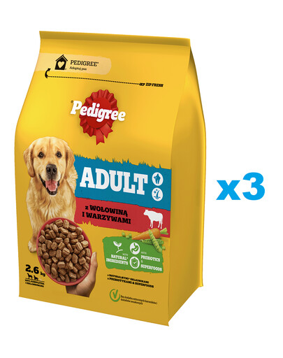 PEDIGREE Adult 3 x 2.6 kg mit Rindfleisch und Gemüse für große und mittelgroße Hunde