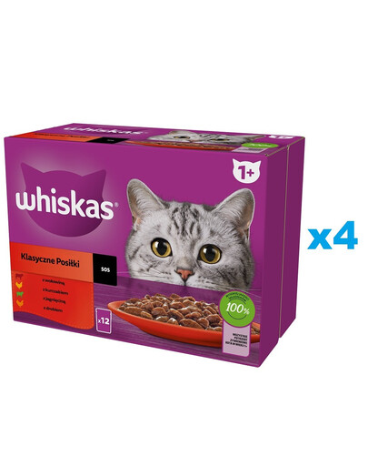 WHISKAS Adult Classic Meals 48x85g: Katzennassfutter mit Rindfleisch, Huhn, Lamm und Geflügel in Sauce