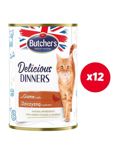 BUTCHER'S Delicious Dinners Katzenfutter, Stücke mit Wildfleisch in Gelee 12x400g