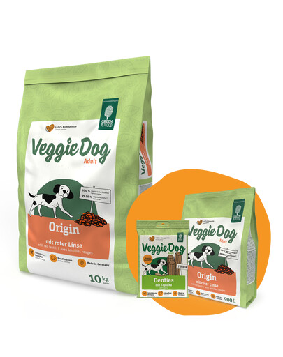 GREEN PETFOOD VeggieDog Origin mit roten Linsen 10kg + 900g & Denties GRATIS