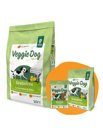 GREEN PETFOOD VeggieDog Grainfree mit Kartoffeln und Erbsen 10kg + 900g & Denties GRATIS