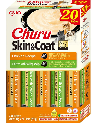 INABA Churu Cat Skin Coat 20x14g Huhn, Huhn und Jakobsmuscheln Creme Katzenleckerli