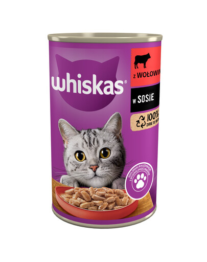 WHISKAS Adult 400g: Nassfutter mit Rind in Soße für adulte Katzen