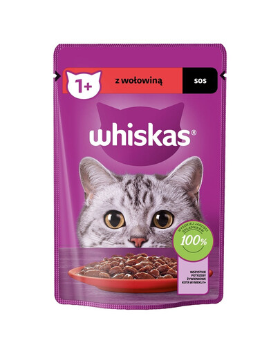 WHISKAS Adult 85g: Nassfutter für adulte Katzen mit Rindfleisch in Sauce