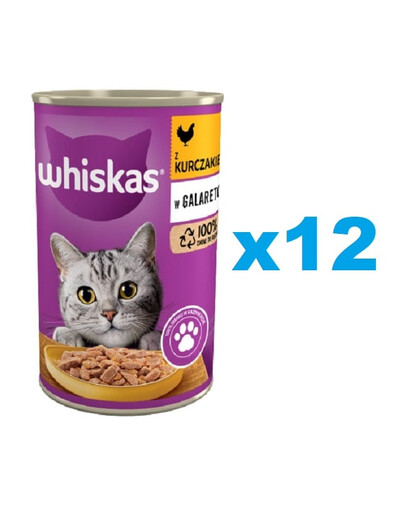 WHISKAS Adult 12x400 g - Nassfutter für adulte Katzen Huhn in Gelee