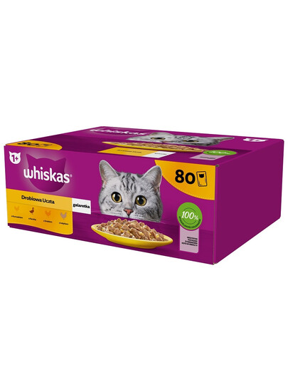 WHISKAS Adult 80x85g Nass-Alleinfuttermittel für ausgewachsene Katzen in Gelee-Stücken mit Huhn, Ente, Geflügel, Pute