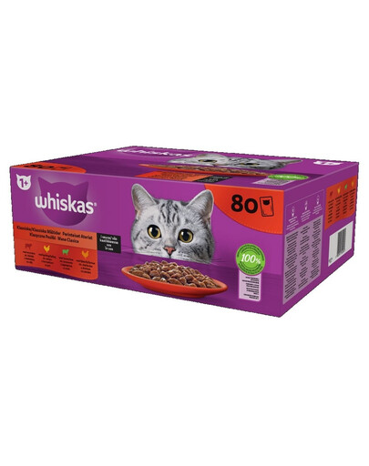 WHISKAS Adult saszetka 80x85g Klasyczne Posiłki mokra karma pełnoporcjowa dla dorosłych kotów w sosie kawałki z wołowiną, kurczakiem, jagnięciną, drobiem