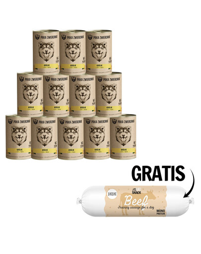 PAKA ZWIERZAKA Nassfutter Kaninchen und Wildschwein mit Kürbis für alle Hunde getreidefrei 12x400 g + Rindfleischwurst 200g GRATIS
