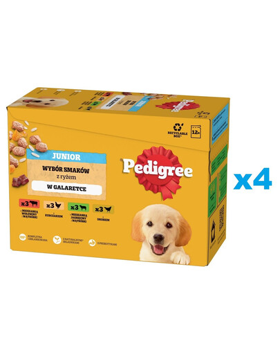 PEDIGREE Junior Mix Beutel 48x100g: Nassfutter für Welpen mit Reis, Huhn, Lamm, Geflügel und Rindfleisch in Gelee