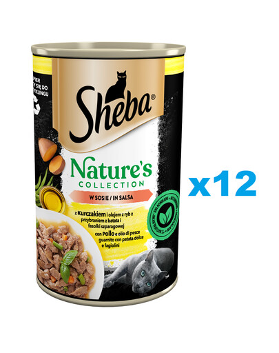 SHEBA 12x 400 g Nature's Collection: Nassvollnahrung mit Hühnerfleisch und Fischöl mit einer Beilage aus Süßkartoffeln und grünen Bohnen in Sauce