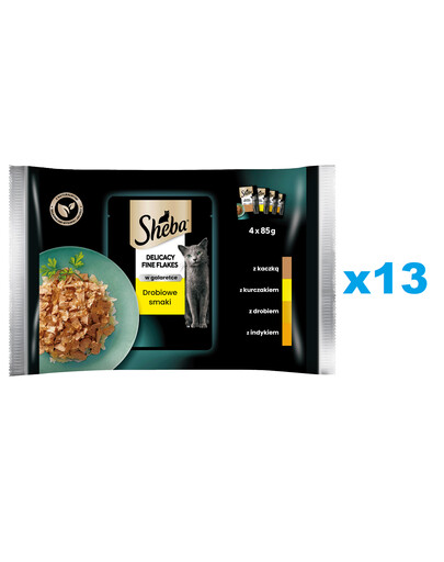 SHEBA Delicacy Fine Flakes 52x85 g Nassfutter mit Ente, Huhn, Geflügel, Truthahn in Gelee für adulte Katzen