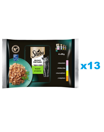 SHEBA Delicacy Fine Flakes 52x85 g Nassfutter mit Lachs, Weißfisch, Huhn, Truthahn in Gelee für adulte Katzen