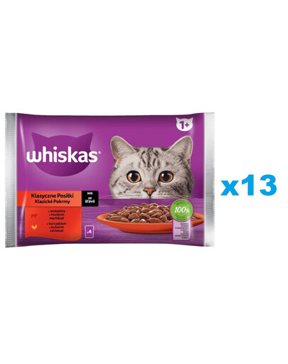 WHISKAS Adult Classic Meals 52x85g: Nassfutter für adulte Katzen mit Rindfleisch und Huhn in Sauce.