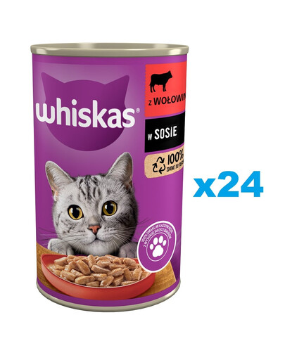 WHISKAS Adult 24x400g: Nassfutter mit Rind in Soße für adulte Katzen