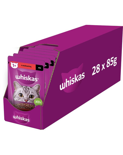 WHISKAS Adult 28x85g: Nassfutter für adulte Katzen mit Rindfleisch in Sauce