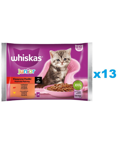 WHISKAS Junior Beutel 52x85g Nassfutter für Kätzchen mit Rind und Huhn in Sauce