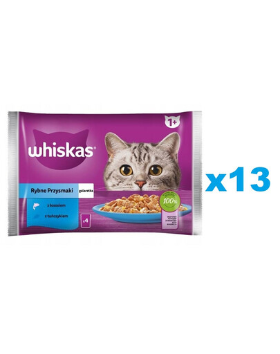 WHISKAS Adult Multipack Fisch 52x85g: Nassfutter für adulte Katzen mit Lachs und Thunfisch in Gelee