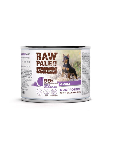 RAW PALEO Nassfutter aus Enten- und Wildschweinfleisch für adulte Hunde 200g