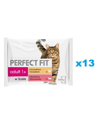 PERFECT FIT Adult Beutel 52x85g: Katzennassfutter mit Huhn, Erbsen, Rindfleisch und Karotten in Sauce