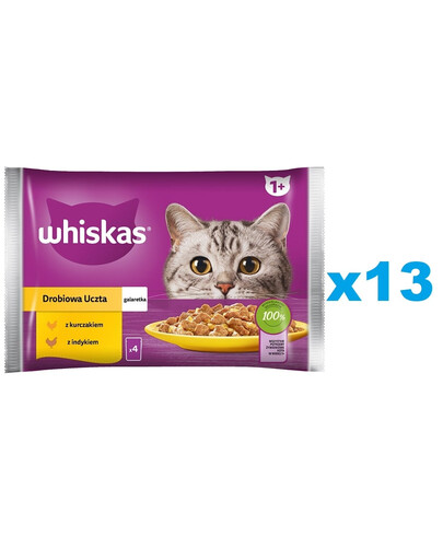WHISKAS Adult 52x85g: Nassfutter für adulte Katzen mit Huhn und Truthahn in Gelee