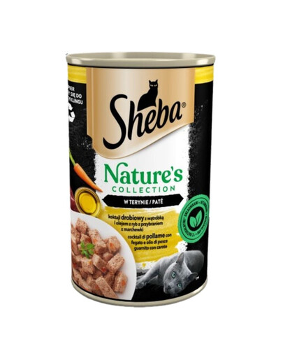 SHEBA 400 g Nature's Collection: Nassvollnahrung für adulte Katzen Geflügel Cocktail mit Leber und Fischöl, garniert mit Karotten in Terrine