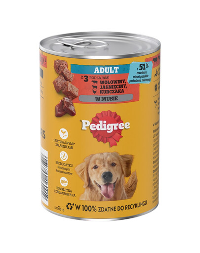 PEDIGREE Adult Nassfutter mit Rind, Lamm und Huhn in Mousse für adulte Hunde 400g