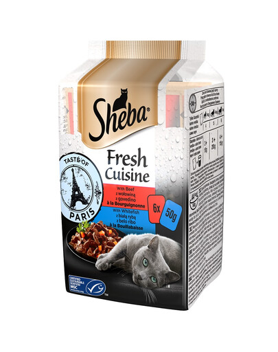 SHEBA Fresh Cuisine Taste of Paris 6x50g: Nassvollnahrung für adulte Katzen mit Rindfleisch und Weißfisch
