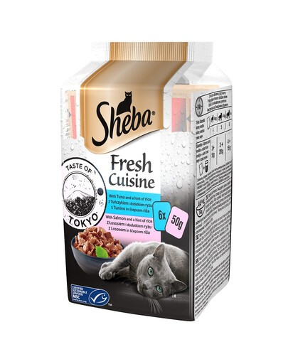 SHEBA Fresh Cuisine Taste of Tokyo 6x50g: Nassvollnahrung für adulte Katzen mit Thunfisch und Reis, und  mit Lachs und Reis