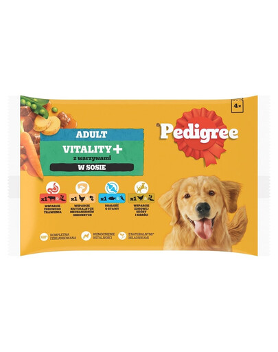 PEDIGREE Adult Vitality+ z warzywami saszetki 4x85 g mokra karma pełnoporcjowa dla dorosłych psów z wołowiną i wątróbką, marchewką i groszkiem, z kurczakiem i ziemniakami, z rybą i marchewką, z drobiem, marchewką i groszkiem w sosie